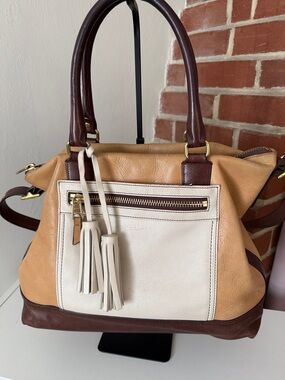 Coach Legacy Leather Satchel Colorblock Tan Cream Brown Tassel Shoulder Bag